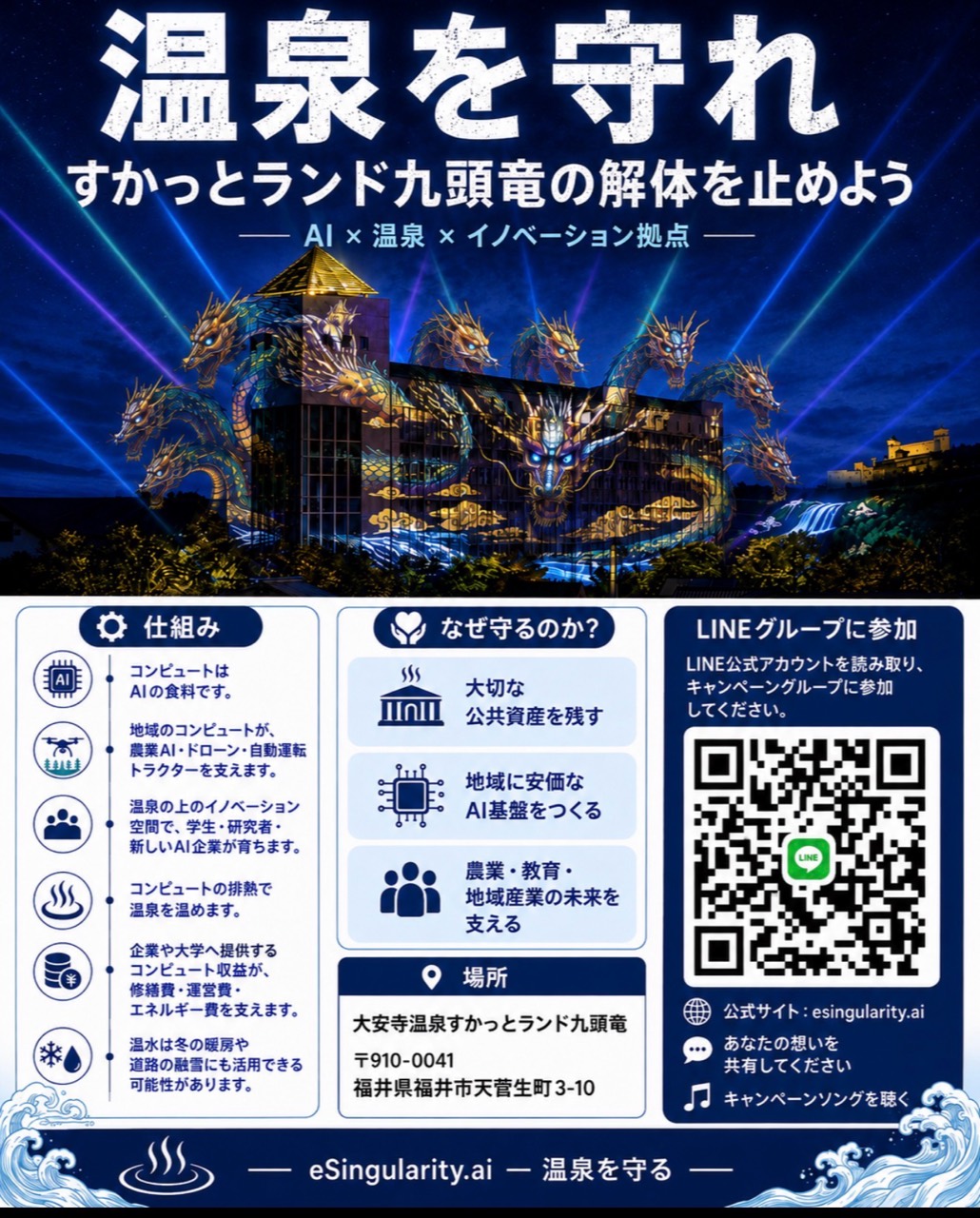実在する旧すかっとランド九頭竜の建物を残し、夜間照明、温泉、D-K、別棟COG DCを組み合わせる再生構想